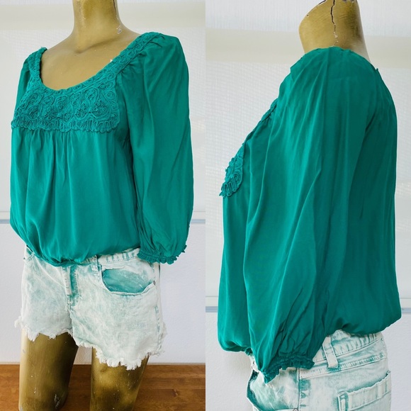 STUDIO M PETITE Green Boho Chic PEASANT TOP SP - Picture 4 of 11